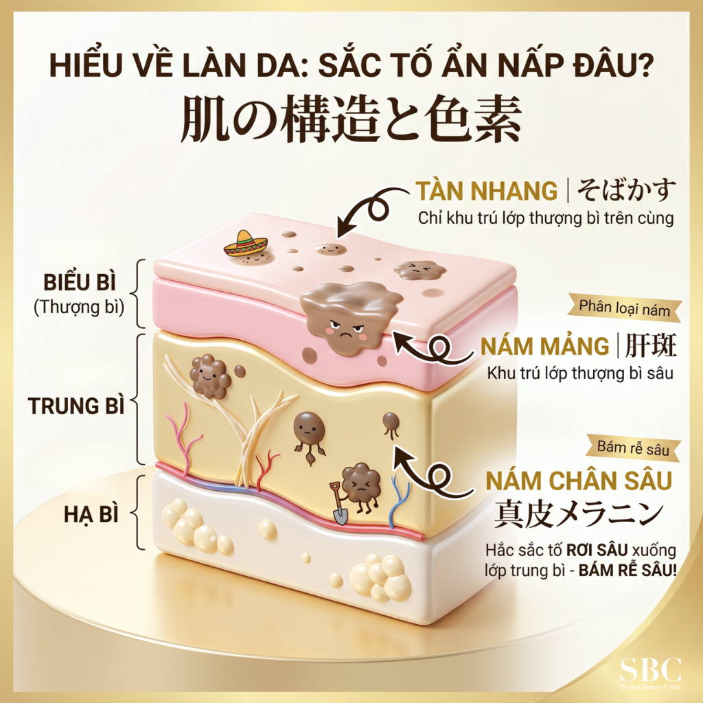 Sơ đồ infographic phân loại vị trí hắc sắc tố nám chân sâu nám mảng và tàn nhang dưới cấu trúc da
