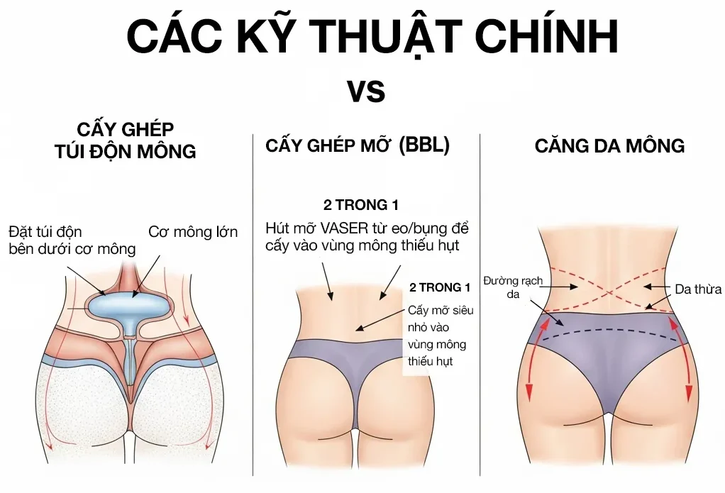 Sơ đồ y khoa 3 phương pháp nâng mông: Đặt túi dưới cơ, Cấy mỡ tự thân BBL, và Căng da mông