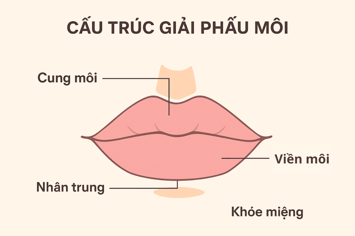 Cấu trúc giải phẫu của đôi môi: cung môi, nhân trung, viền môi, khóe miệng
