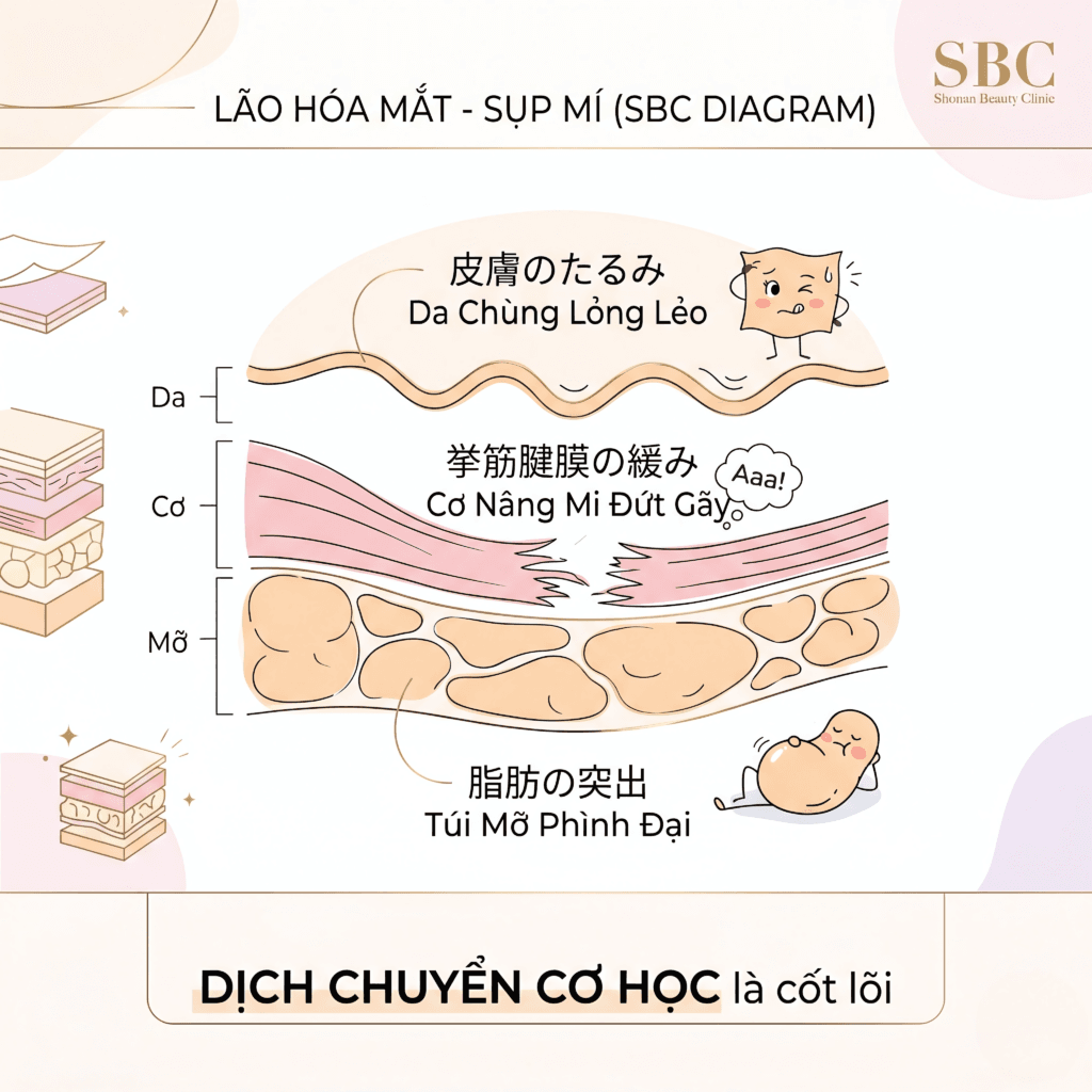 Sự dịch chuyển cơ học và đứt gãy cấu trúc màng cơ là nguyên nhân cốt lõi gây sụp mí.