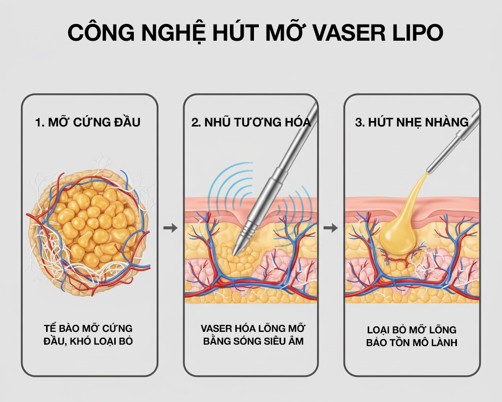 Sơ đồ y khoa minh họa công nghệ hút mỡ VASER Lipo hóa lỏng mỡ, bảo tồn mô lành