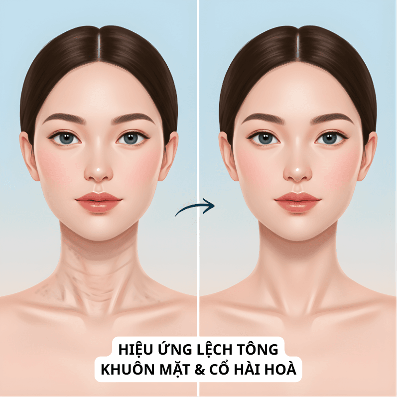 Đồ họa so sánh minh họa hiệu ứng lệch tông một bên là khuôn mặt trẻ trung nhưng vùng cổ có dấu hiệu lão hóa rõ rệt, bên còn lại là khuôn mặt và cổ đều trẻ hóa, hài hòa.