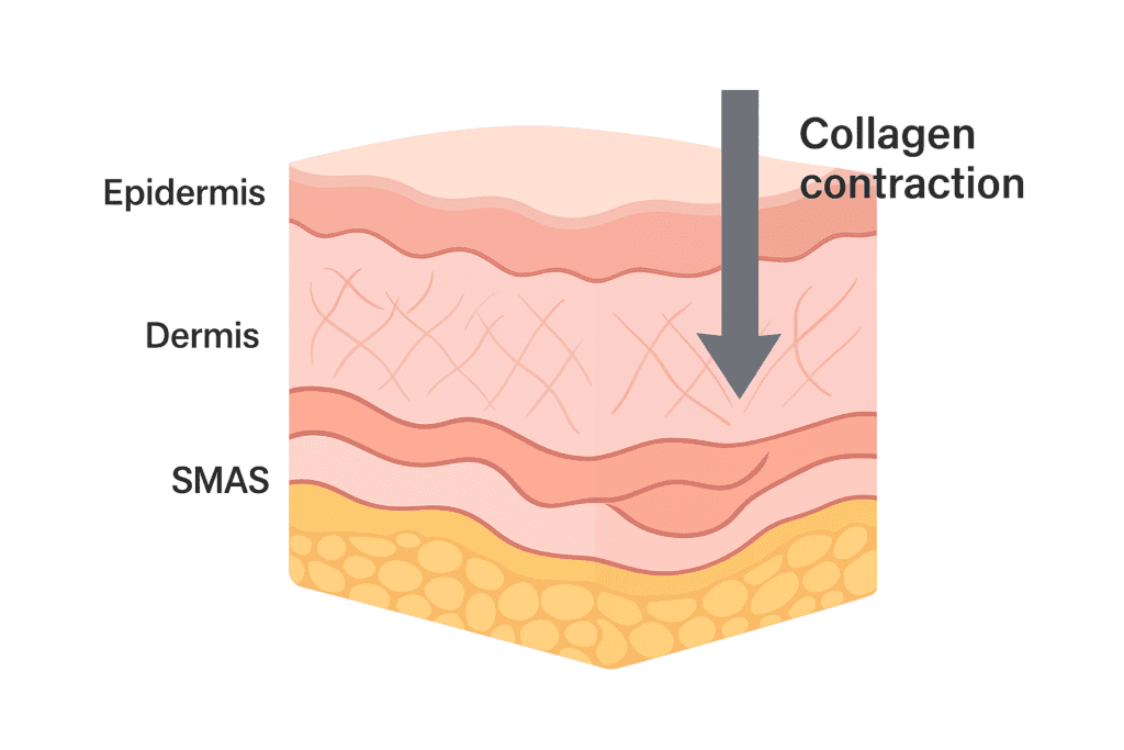 Minh họa cơ chế nâng cơ sâu (SMAS) và săn chắc da (Collagen).