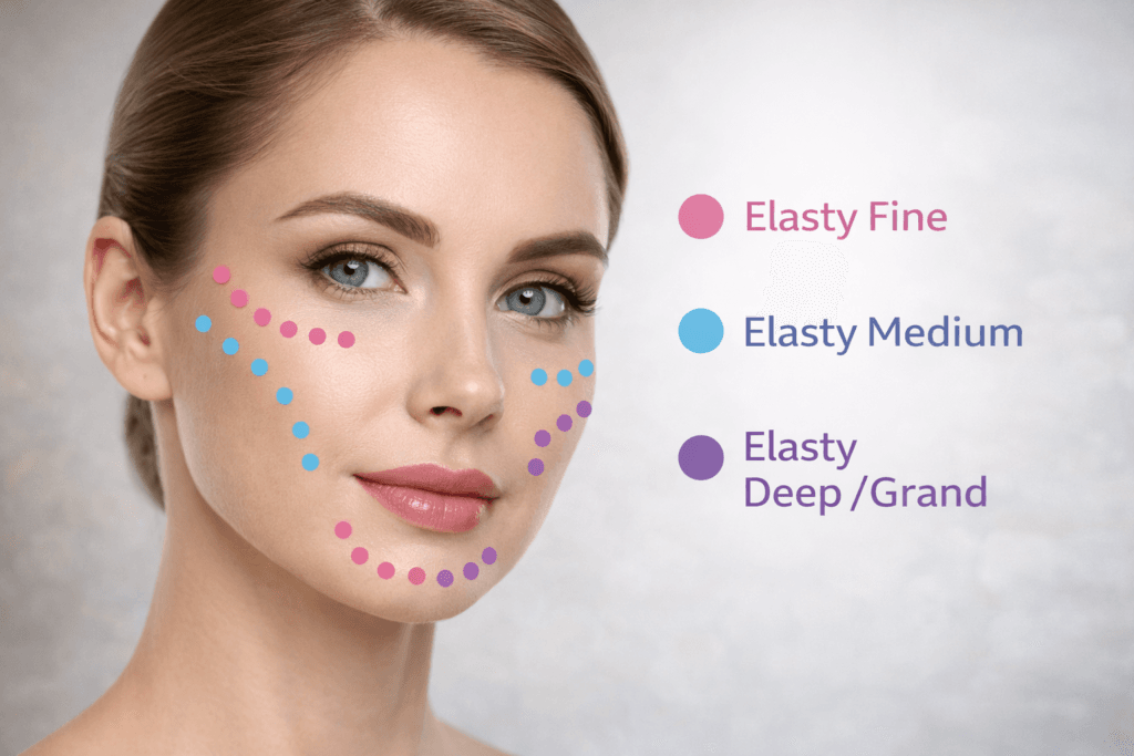 Sơ đồ chỉ định các dòng Elasty chuyên biệt cho từng vùng trên khuôn mặt: Fine cho vùng da mỏng, Medium cho rãnh nhăn và Deep/Grand cho việc tạo khối.
