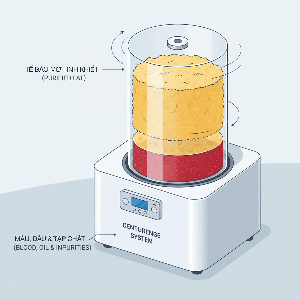Sơ đồ công nghệ ly tâm tinh lọc mỡ, tạo ra Micro Fat và Nano Fat với tỷ lệ mỡ sống cao