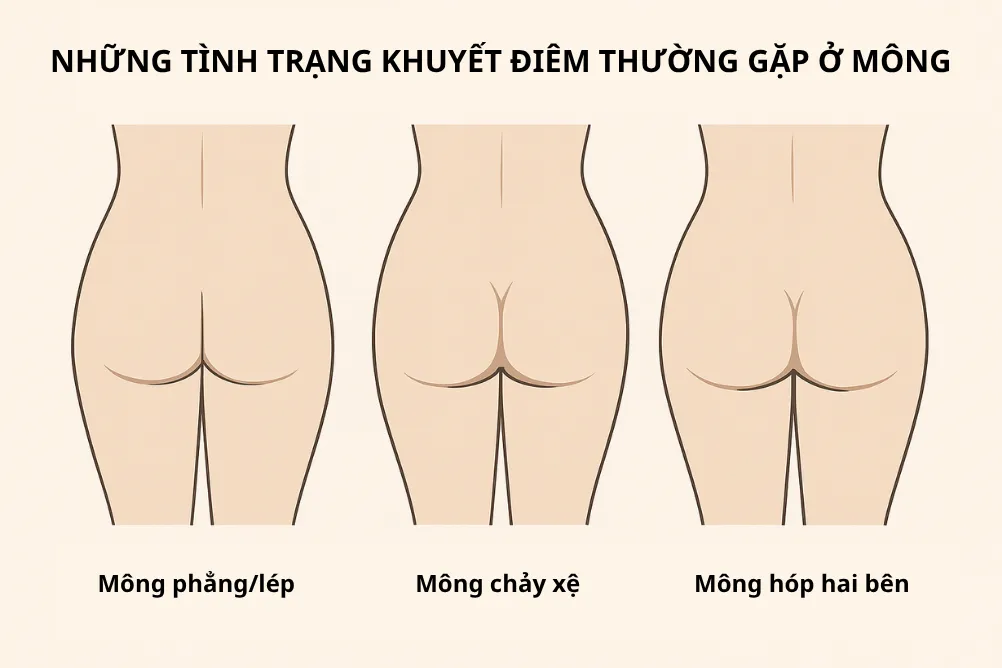 Sơ đồ 3 khuyết điểm mông phổ biến thường gặp: mông xẹp, mông chảy xệ sa trễ, và mông hóp hai bên