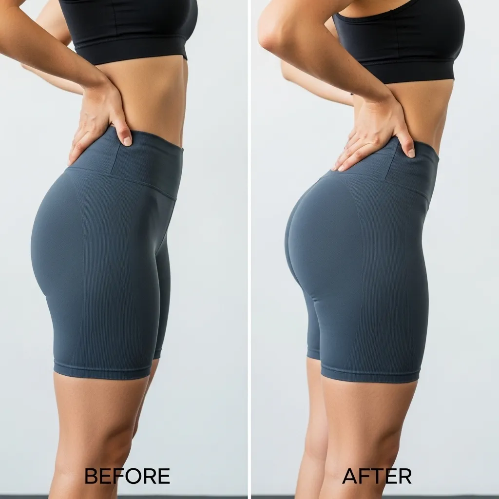 Hình ảnh trước và sau nâng mông cấy mỡ BBL tại Viện thẩm mỹ SBC, cho thấy vòng eo thon và mông căng tròn