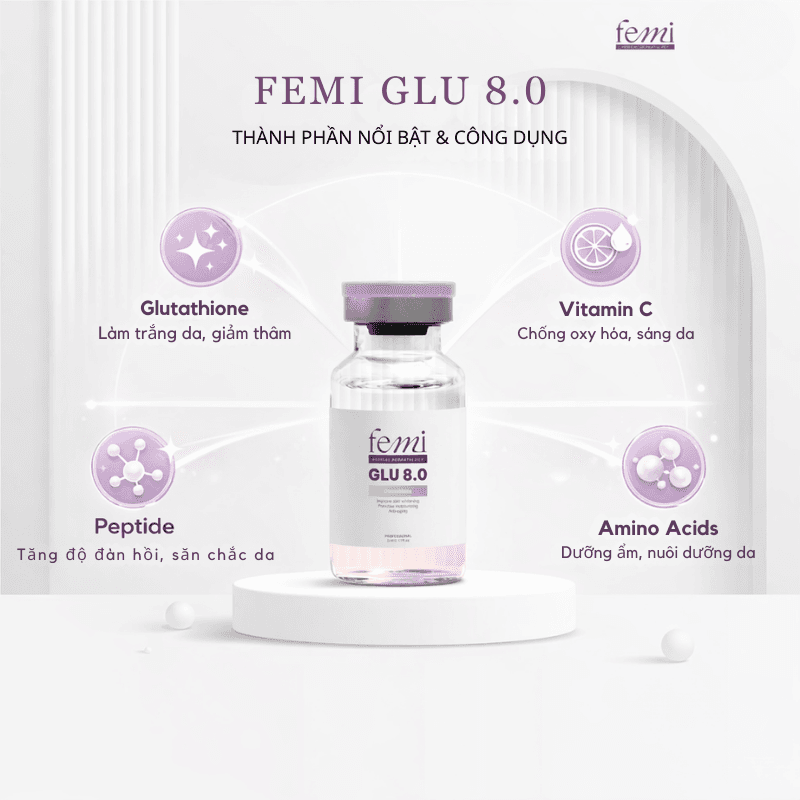 Thành phần tinh chất Femi Glu 8.0 bao gồm Glutathione và Peptide.