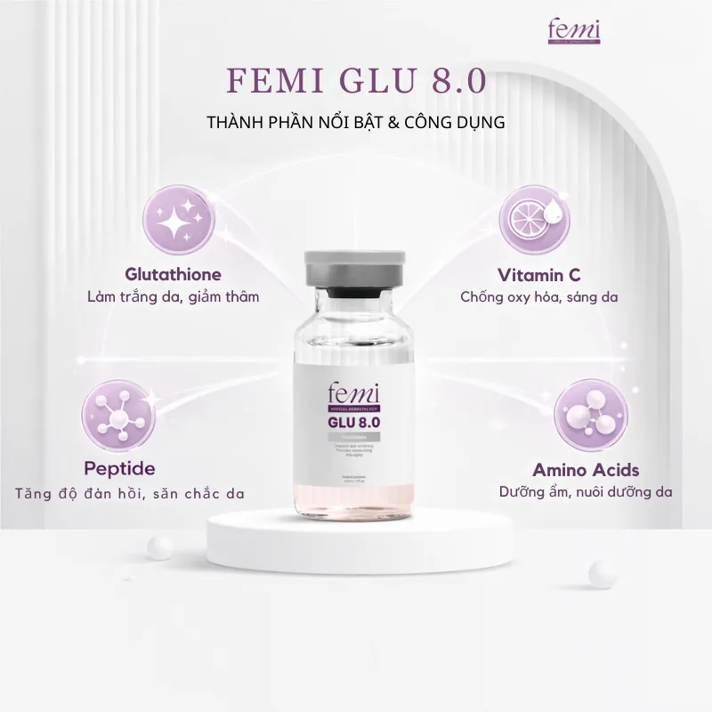 Thành phần tinh chất Femi Glu 8.0 bao gồm Glutathione và Peptide.