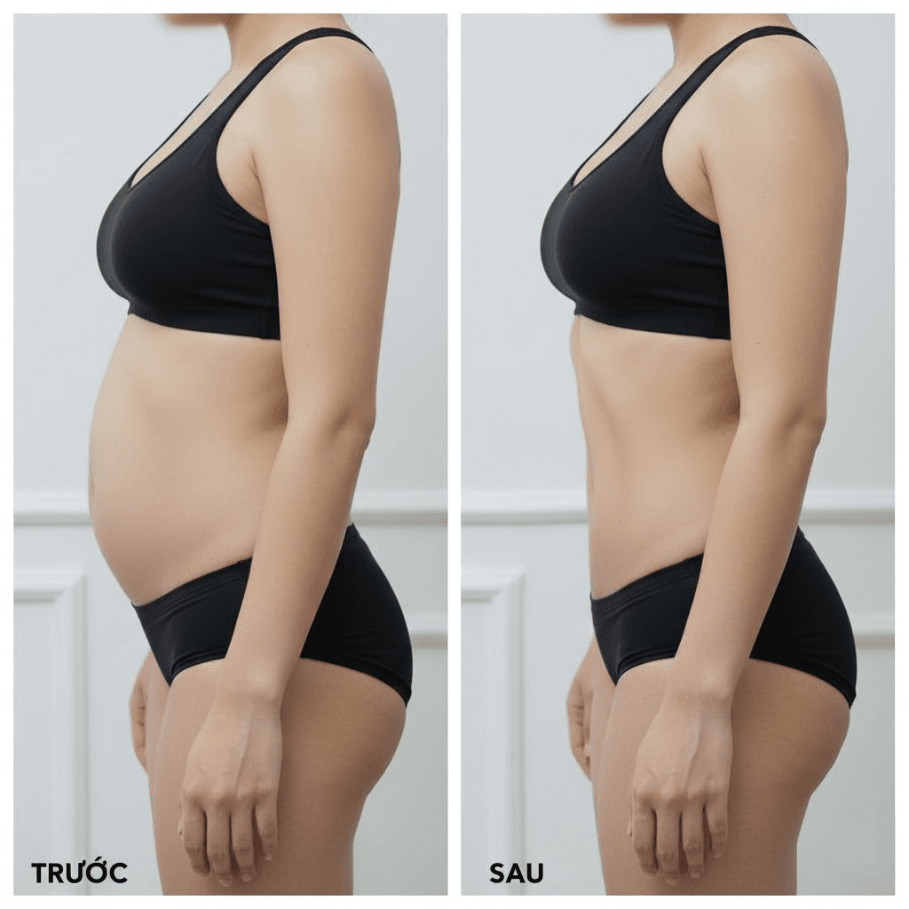 Hình ảnh trước và sau hút mỡ bụng VASER Lipo tại Viện thẩm mỹ SBC, cho thấy vòng eo thon gọn