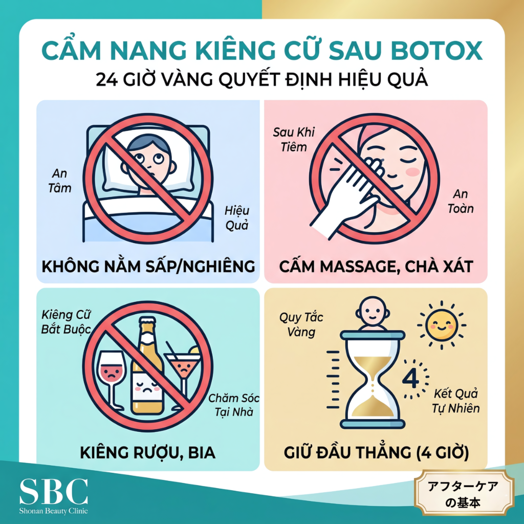 Botox Xóa Nhăn – Trẻ Hóa Biểu Cảm Tại SBC 4 Infographic cẩm nang chăm sóc tại nhà và 4 nguyên tắc vàng bắt buộc kiêng cữ trong 24 giờ đầu sau tiêm Botox.