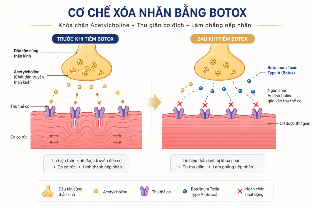 Botox Xóa Nhăn – Trẻ Hóa Biểu Cảm Tại SBC 2 Minh họa cơ chế Botox khóa chặn Acetylcholine tại điểm nối thần kinh cơ giúp thư giãn cơ và làm mờ nếp nhăn động.