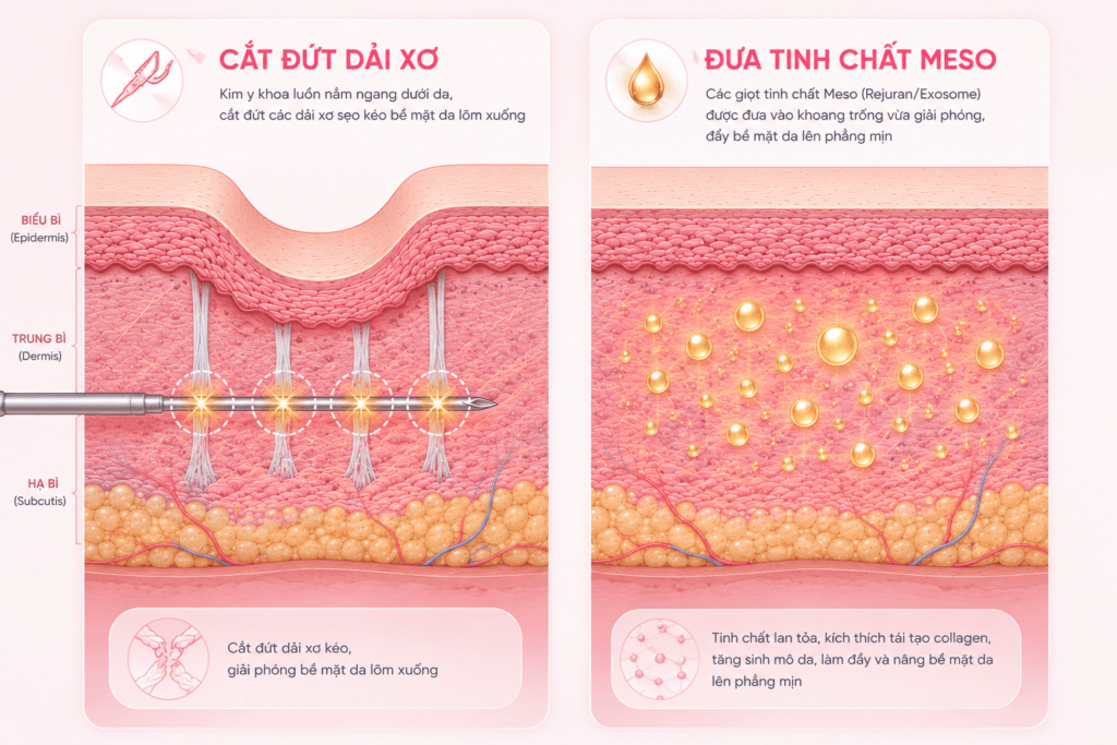 Giải phóng lực co kéo của dải xơ xơ hóa và bổ sung vật liệu sinh học để tái tạo đáy sẹo.
