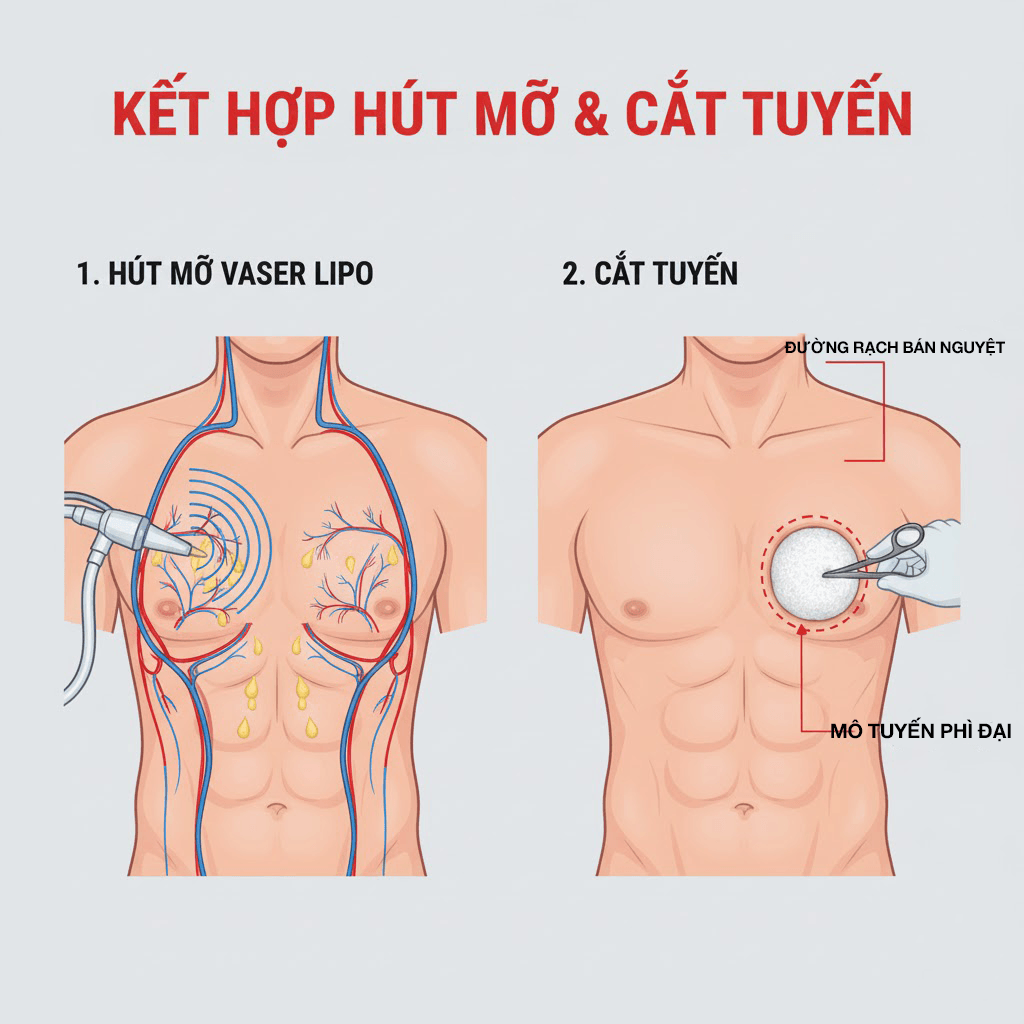 Sơ đồ kỹ thuật điều trị Gynecomastia thật: Hút mỡ VASER kết hợp cắt bỏ mô tuyến