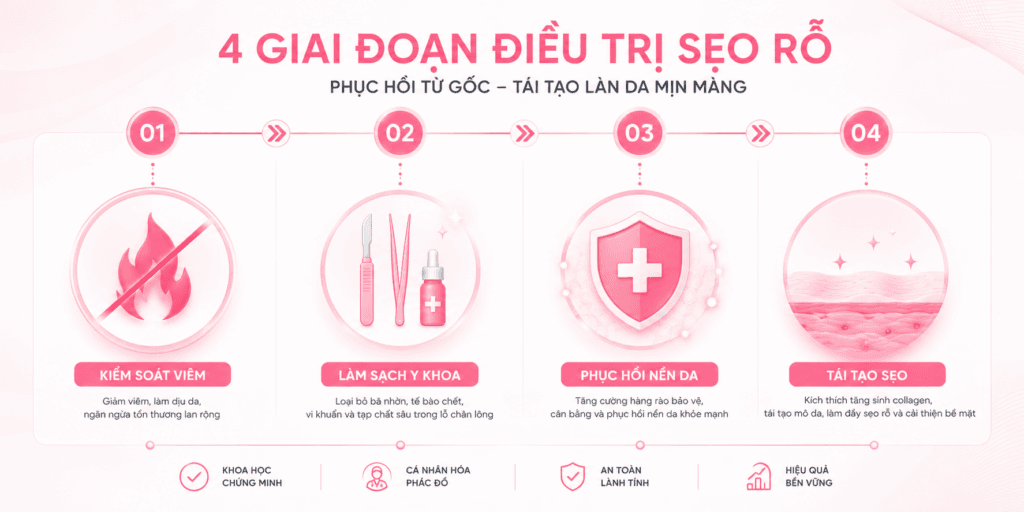 Sơ đồ 4 giai đoạn sinh học bắt buộc trong quy trình trị mụn tận gốc tại SBC.