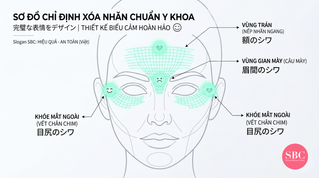 Botox Xóa Nhăn – Trẻ Hóa Biểu Cảm Tại SBC 3 Sơ đồ giải phẫu các phân khu cơ mặt và vị trí chỉ định tiêm Botox xóa nhăn chuẩn y khoa tại Viện thẩm mỹ SBC.