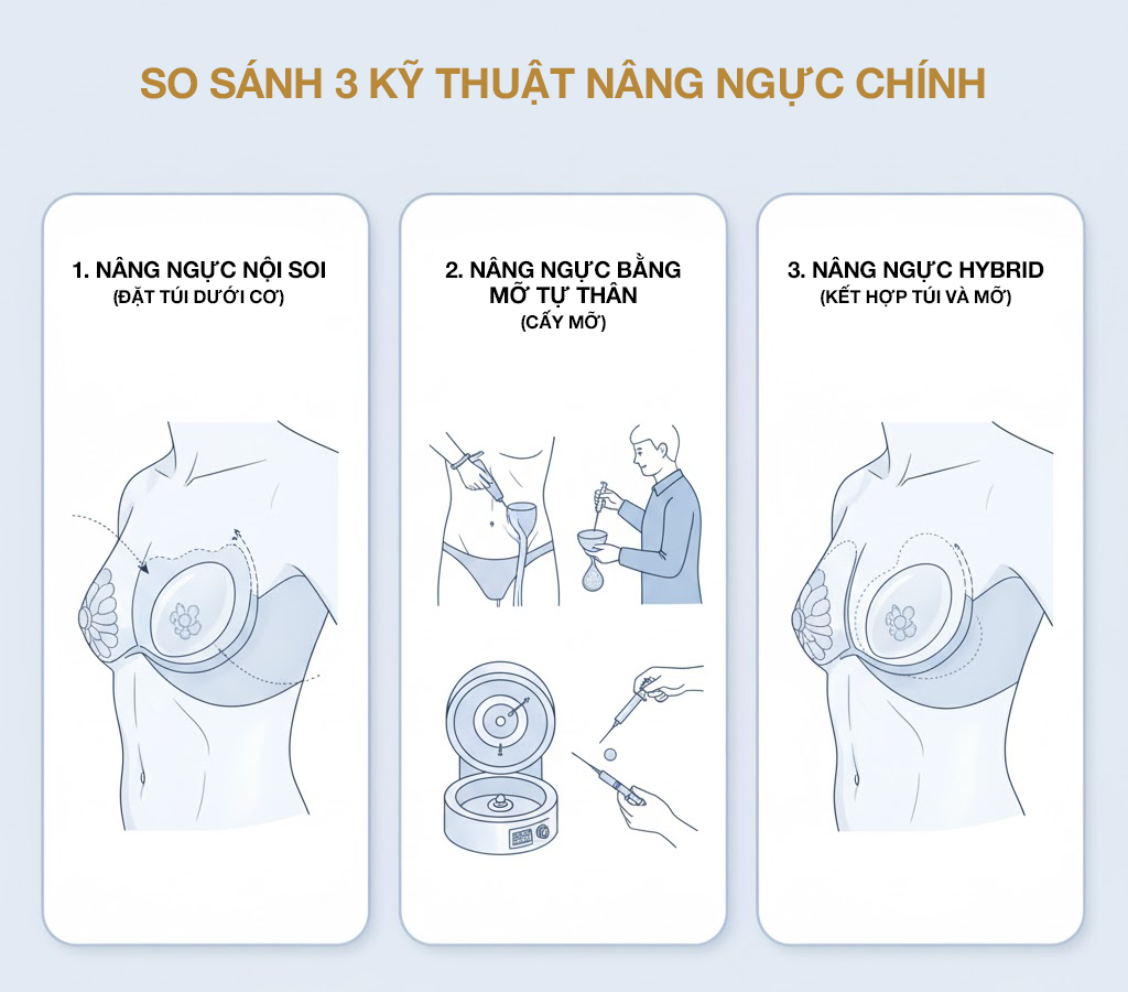 Sơ đồ y khoa 3 phương pháp nâng ngực: Đặt túi nội soi, Cấy mỡ tự thân, và Hybrid