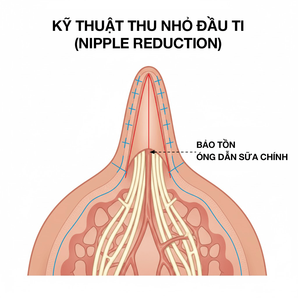 Sơ đồ kỹ thuật thu nhỏ đầu ti an toàn, bảo tồn nguyên vẹn ống dẫn sữa tại Viện thẩm mỹ SBC