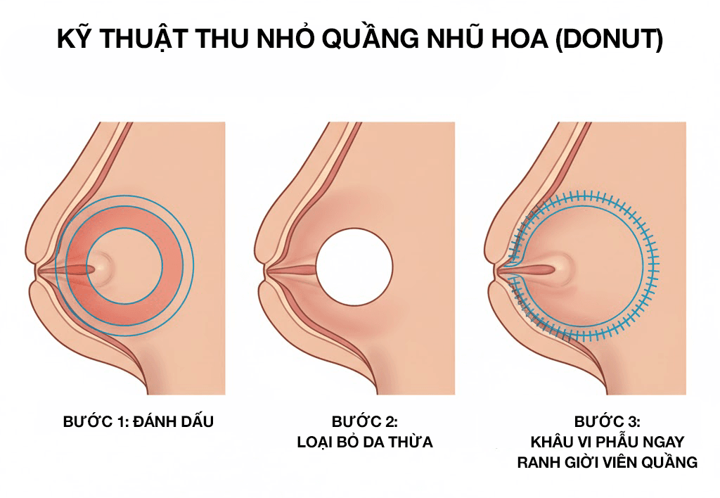 Sơ đồ y khoa kỹ thuật thu nhỏ quầng nhũ hoa (Donut) giấu sẹo tinh tế