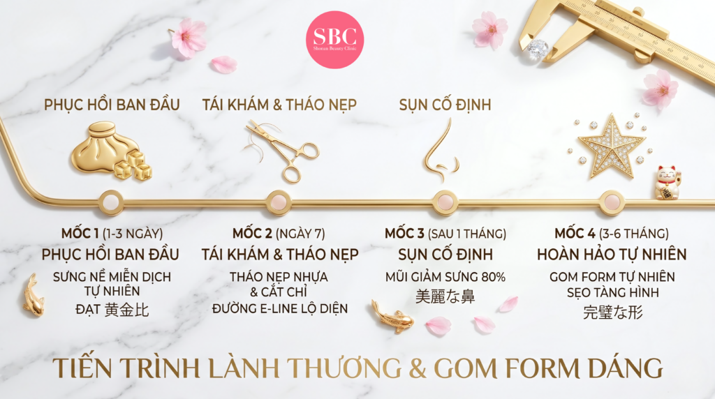 Lộ trình 4 mốc thời gian hồi phục thần tốc và gom form dáng hoàn hảo sau khi thực hiện vi phẫu nâng mũi tại SBC.