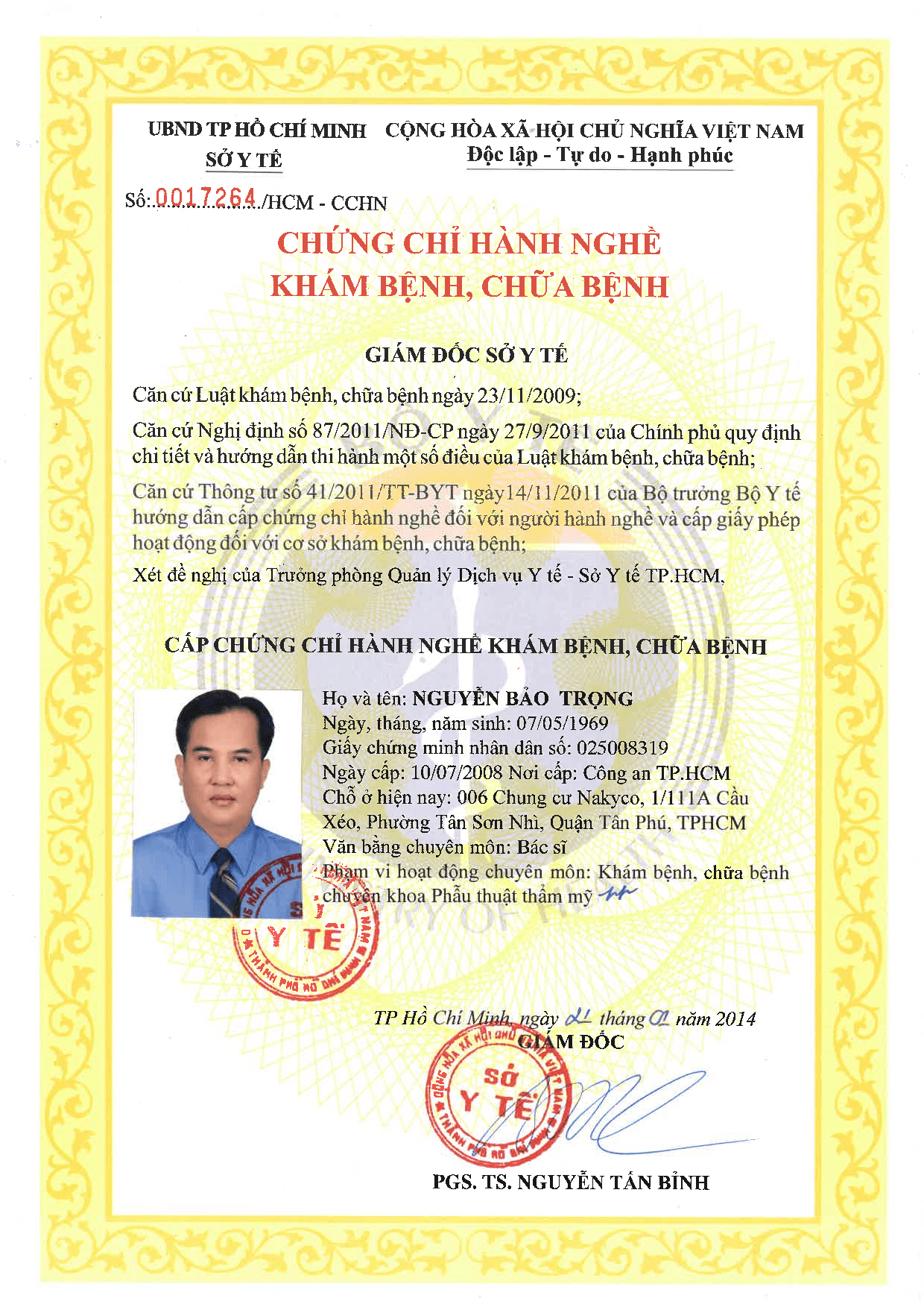 Chứng chỉ hành nghề khám bệnh, chữa bệnh của Bác sĩ Nguyễn Bảo Trọng.