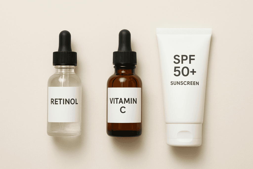 Ảnh minh hoạ: Các hoạt chất chống lão hóa tại nhà quan trọng như Retinol, Vitamin C, và Kem chống nắng