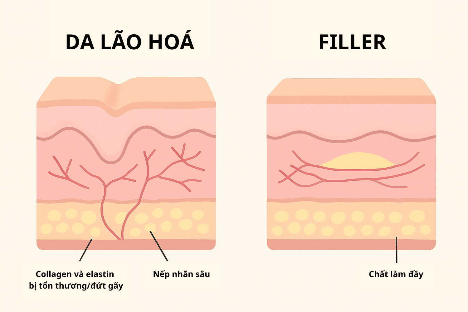 Trẻ hóa bằng tiêm: Giải pháp cho vẻ đẹp tự nhiên tại SBC 2 Đồ họa minh họa cơ chế hoạt động của Filler (Hyaluronic Acid) làm đầy thể tích và nâng đỡ cấu trúc