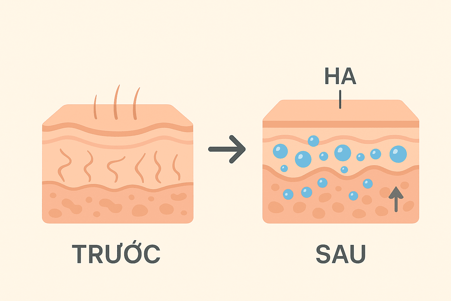 Trẻ hóa bằng tiêm: Giải pháp cho vẻ đẹp tự nhiên tại SBC 4 Đồ họa minh họa tác dụng cấp ẩm sâu và cải thiện chất lượng da của Skin Booster vào lớp trung bì