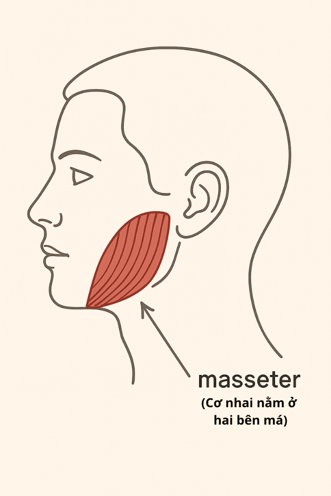 Thon gọn mặt: Giải pháp định hình đường viền tại SBC 3 Ảnh minh hoạ: Đồ họa minh họa vị trí và sự phì đại của cơ nhai (Masseter)