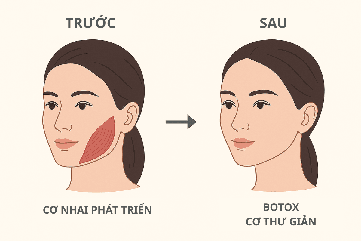 Trẻ hóa bằng tiêm: Giải pháp cho vẻ đẹp tự nhiên tại SBC 5 Đồ họa mô tả hiệu ứng thon gọn hàm (V-line) khi tiêm Botulinum Toxin giúp thư giãn cơ cắn