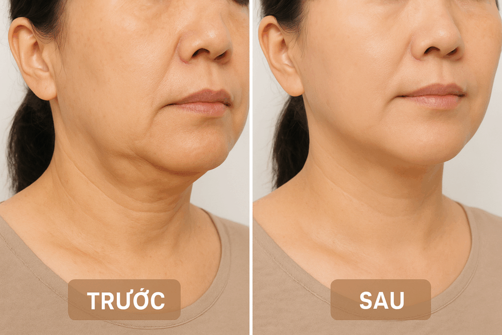 Ảnh minh hoạ: Khách hàng trước và sau nâng cơ Oligio tại SBC - Xóa nọng cằm, săn chắc da mặt
