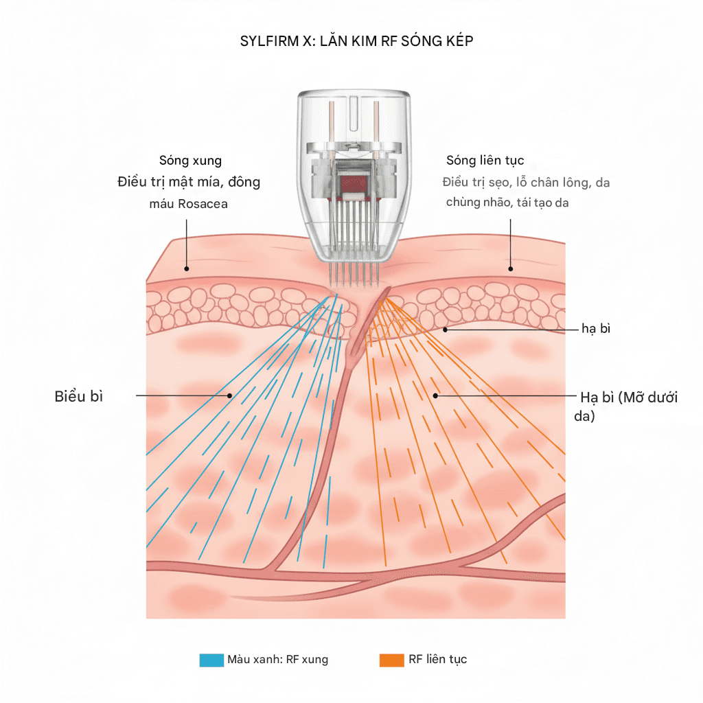 Trẻ hoá da công nghệ cao cùng Oligio & Sylfirm X tại SBC 6 Ảnh minh hoạ: Đồ họa cơ chế RF vi điểm tần số kép của Sylfirm X