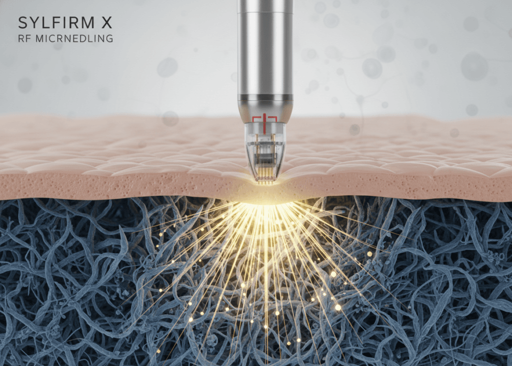 Ảnh mô phỏng cơ chế tác động của vi kim RF Sylfirm X vào lớp trung bì da.