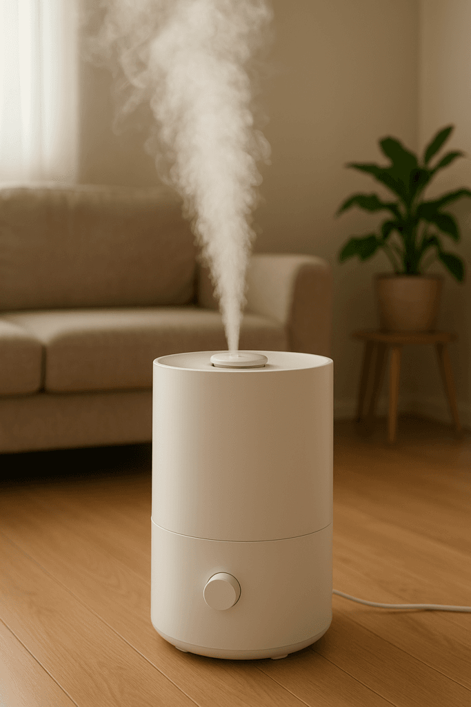Hình ảnh máy tạo ẩm đang hoạt động trong phòng.