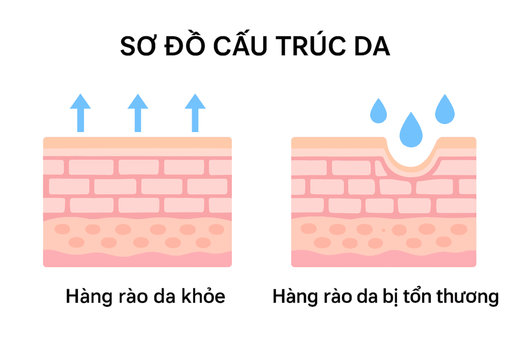 Sơ đồ cơ chế da bị mất nước nhanh chóng do TEWL khi hàng rào da bị tổn thương vào cuối năm.