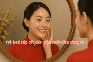 Làn da căng bóng, khỏe mạnh thể hiện sự tự tin đón tiệc cuối năm và Tết Nguyên Đán. Hình ảnh thể hiện vẻ đẹp tự nhiên, thanh lịch.