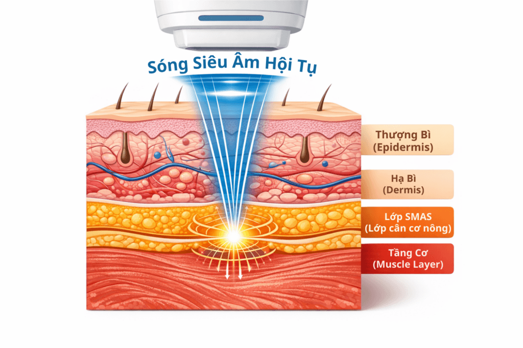 Cơ chế sóng siêu âm hội tụ HIFU tác động sâu vào lớp cân cơ SMAS.