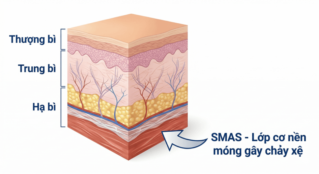 Sơ đồ cấu trúc da và lớp cơ SMAS ở độ sâu 4.5mm dưới da