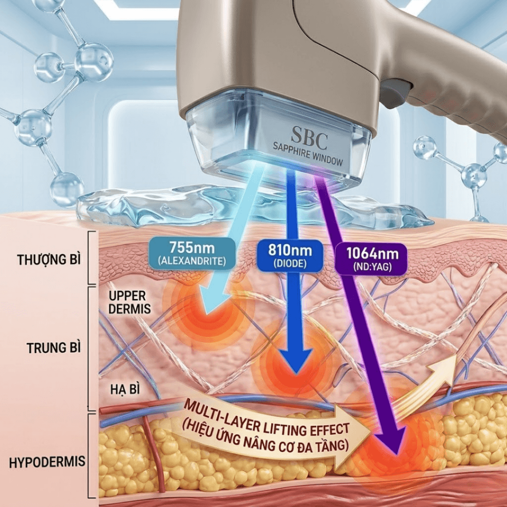 Cận cảnh đầu máy Soprano Titanium tích hợp 3 bước sóng laser giúp nâng cơ trẻ hóa da đa tầng