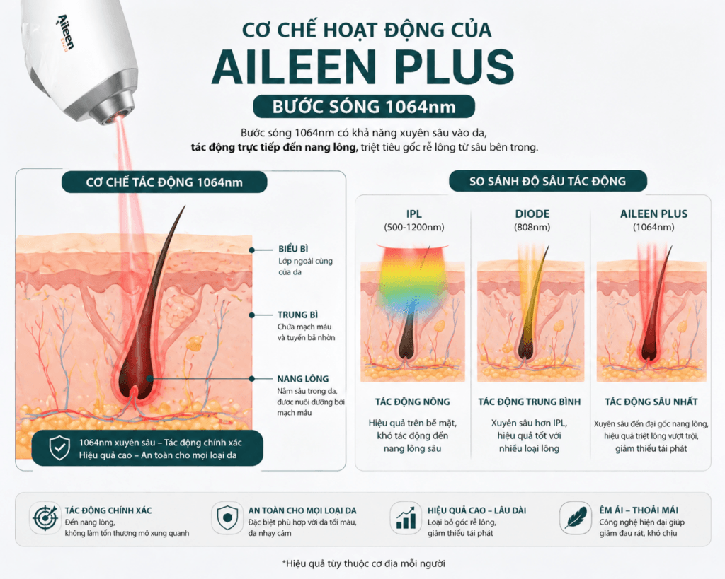 Hình ảnh mô tả cơ chế tác động sâu của bước sóng 1064nm trên Aileen Plus và so sánh với các công nghệ khác.