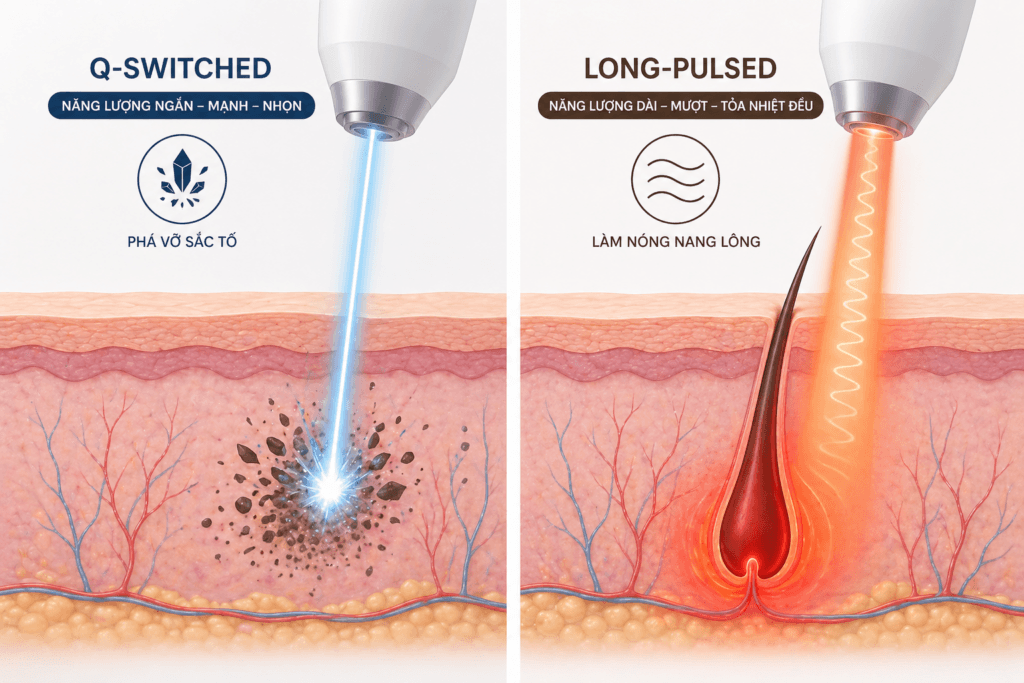 So sánh cơ chế tác động của Laser Xung Dài và Q-Switched