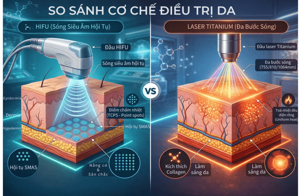 Hình ảnh mô phỏng sự khác biệt về độ sâu tác động giữa công nghệ Titanium Lifting và HIFU