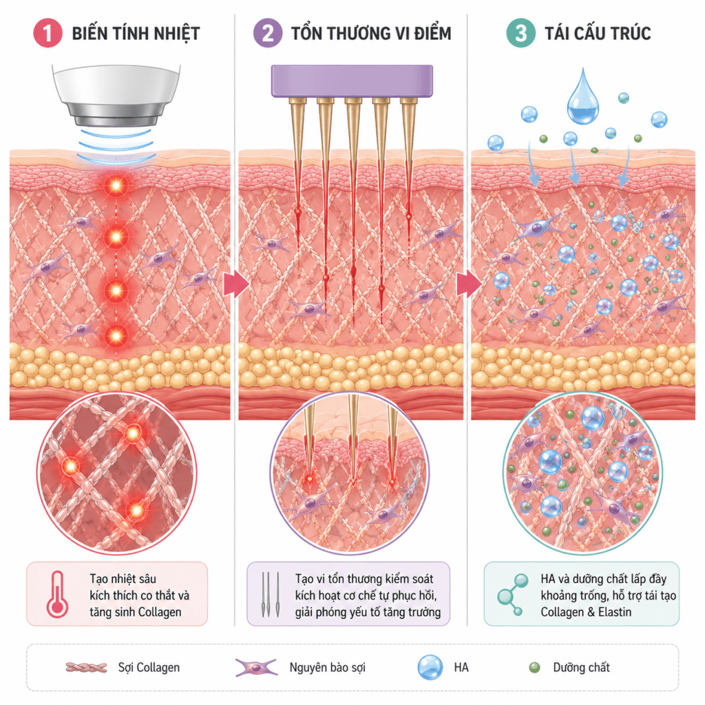 Chi Tiết Cơ Chế Tăng Sinh Collagen Và Elastin Trong Trẻ Hóa 3 Tiến trình Neocollagenesis (Tân tạo Collagen) được kích hoạt thông qua 3 cơ chế vật lý sinh học cốt lõi trong y học thẩm mỹ hiện đại.