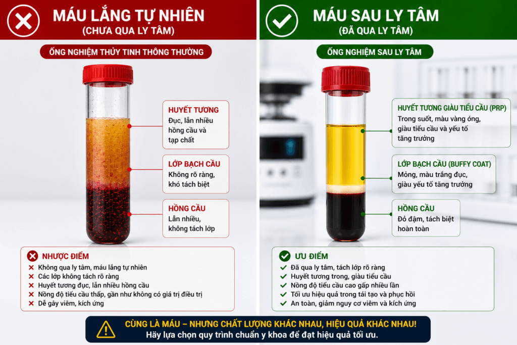 PRP trẻ hóa da là gì? Hiệu quả trị sẹo mụn và lão hóa da 2 Bảng so sánh trực quan, minh họa sự khác biệt về chất lượng huyết tương khi được xử lý bằng hai phương pháp khác nhau.