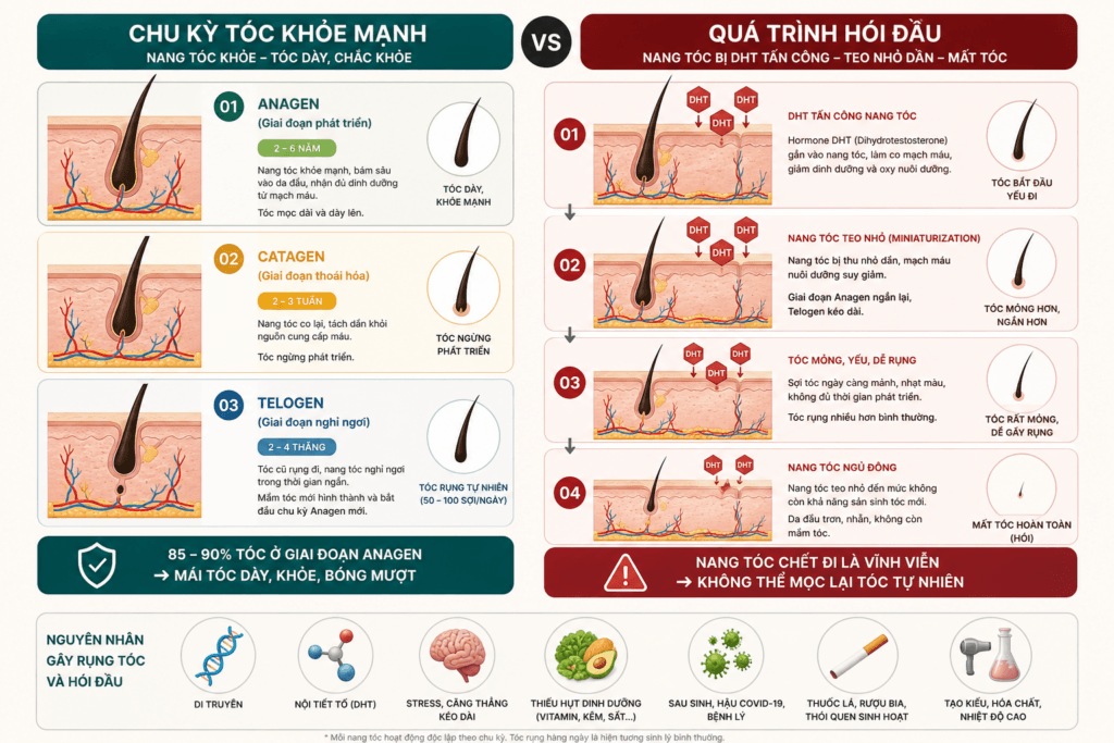 Tiêm PRP trị rụng tóc có hiệu quả không? Giá bao nhiêu? 2 Ảnh minh họa: Sơ đồ chu kỳ tóc và quá trình nang tóc teo nhỏ do thiếu máu nuôi dưỡng