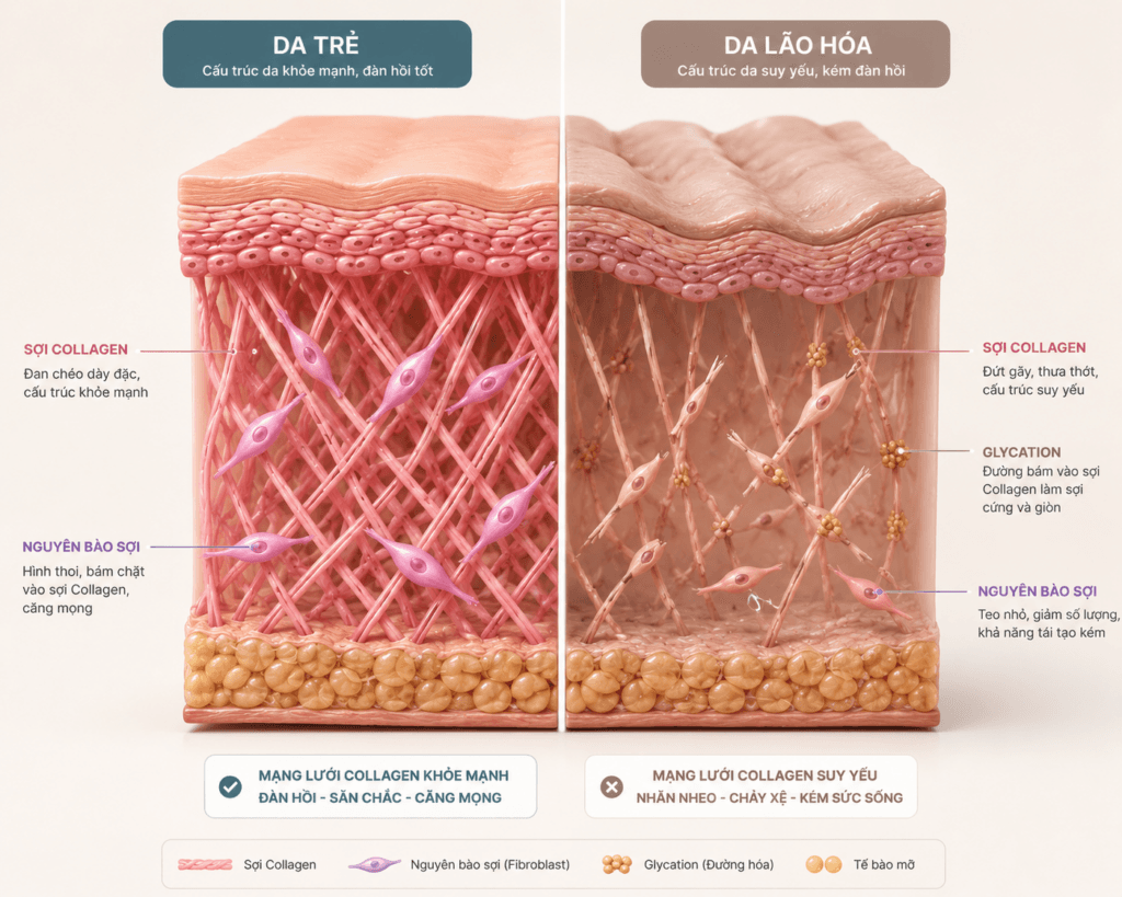 Chi Tiết Cơ Chế Tăng Sinh Collagen Và Elastin Trong Trẻ Hóa 2 Mô phỏng cấu trúc nền ECM: Nguyên bào sợi (Fibroblast) mất đi "điểm tựa" và ngừng sản xuất khi các sợi Collagen bị đứt gãy do tiến trình lão hóa tự nhiên.