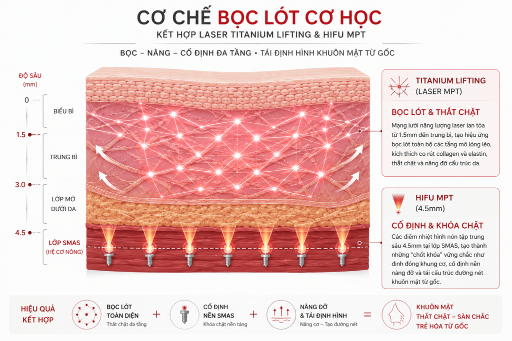 Đồ họa cơ chế kết hợp đa tầng HIFU MPT và Titanium Lifting gọn mặt V-line tại SBC