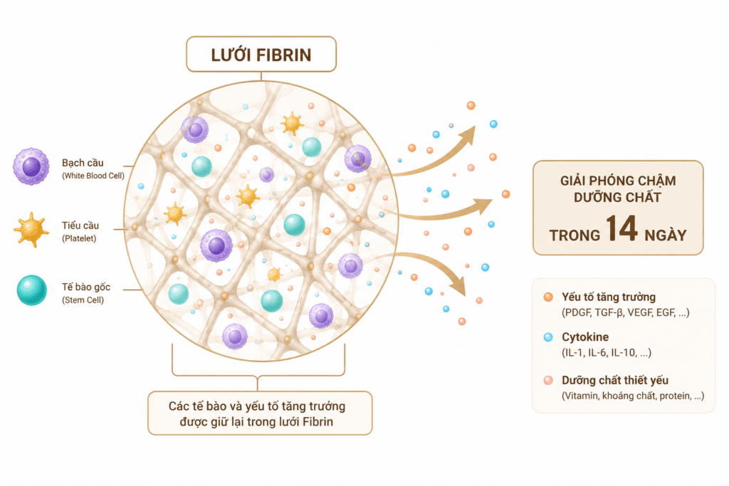 PRF Là Gì? Đột Phá Sợi Huyết Trẻ Hóa Da Tự Thân | SBC 3 Mạng lưới Fibrin hoạt động như một "giàn giáo" bảo vệ tế bào và nhả yếu tố tăng trưởng từ từ, bền vững.