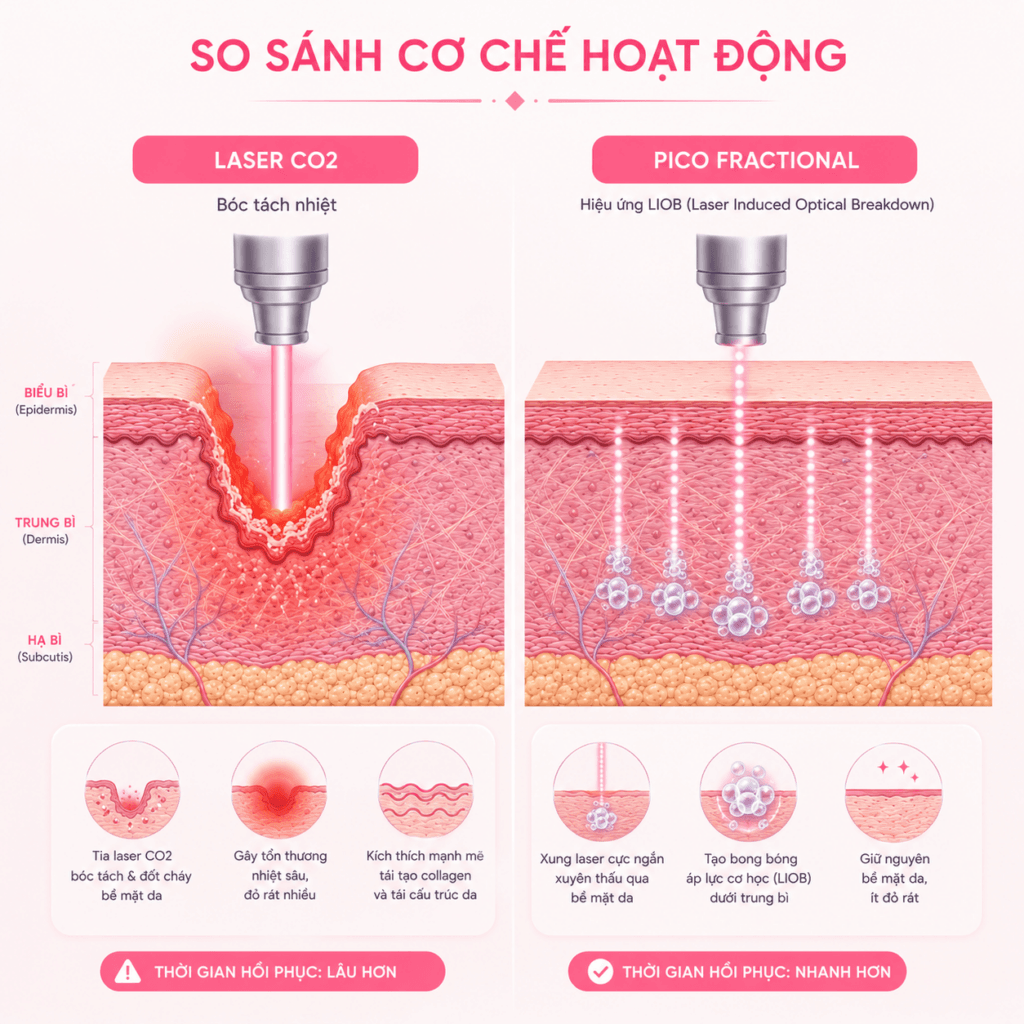 Các Phương Pháp Điều Trị Sẹo Rỗ Chuẩn Y Khoa Hiệu Quả 3 Sự khác biệt giữa cơ chế bóc tách nhiệt (CO2) và hiệu ứng quang cơ không tổn thương bề mặt (Pico).