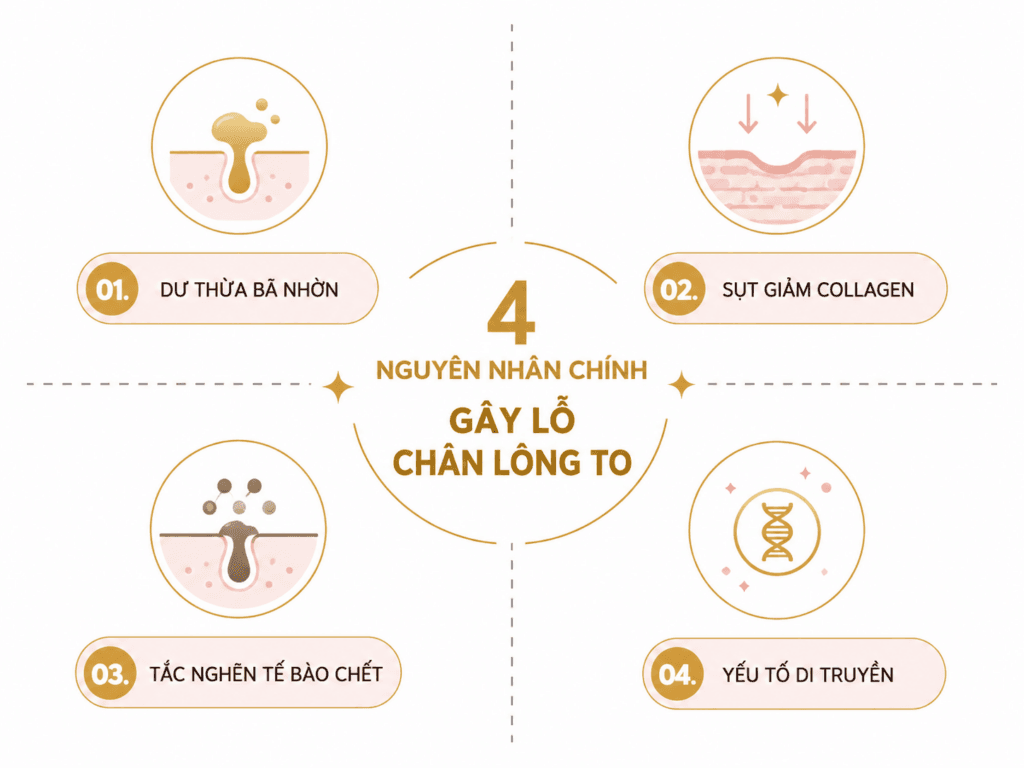 Điều Trị Lỗ Chân Lông To - Làm Sạch Da Sâu Chuẩn Y Khoa 2 Sơ đồ ma trận vi mô: 4 tác nhân sinh học và cơ học cốt lõi trực tiếp gây căng giãn diện tích miệng nang lông.